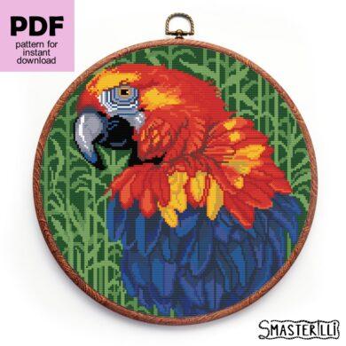 Red parrot cross stitch pattern PDF , jungle birds embroidery ornament by Smasterilli. Digital cross stitch pattern for instant download. #smasterilli #crossstitch #crossstitchpattern #parrotcrossstitch #birdcrossstitch
