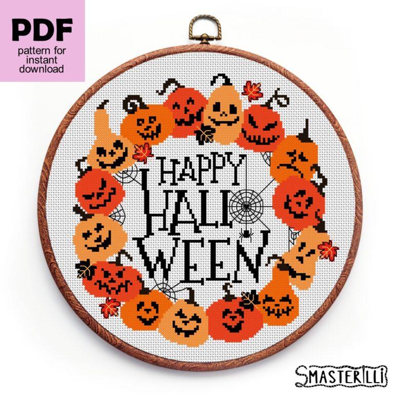 Round frame with pumpkins cross stitch pattern PDF by Smasterilli. Digital cross stitch pattern for instant download. Halloween handmade crafts #smasterilli #crossstitch #crossstitchpattern #halloweencrossstitch #halloweengift #pumpkincrossstitch #blackcats