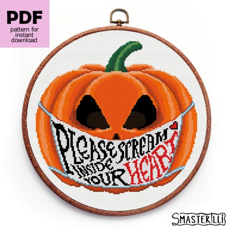 Halloween pumpkin with medical mask cross stitch pattern PDF by Smasterilli. Digital cross stitch pattern for instant download. Halloween handmade crafts #smasterilli #crossstitch #crossstitchpattern #halloweencrossstitch #halloweengift #pumpkincrossstitch #covidcraft