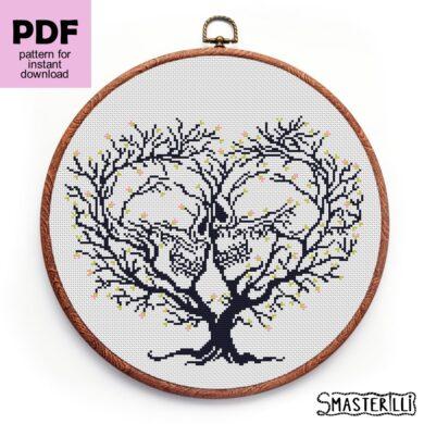 Skeleton cross stitch pattern, skulls in tree branches embroidery ornament by Smasterilli/ Digital cross stitch pattern for instant download. #smasterilli #crossstitch #crossstitchpattern #lovecrossstitch #valentinedaygift #heartcrossstitch #gothiccrossstitch