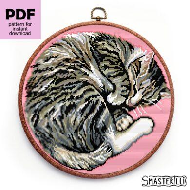 Sleeping tabby cat cross stitch pattern PDF by Smasterilli. Digital cross stitch pattern for instant download. Cat Lover's Gift idea for handmade craft #smasterilli #crossstitch #crossstitchpattern #catcrossstitch #tabbycat #sleepingcat