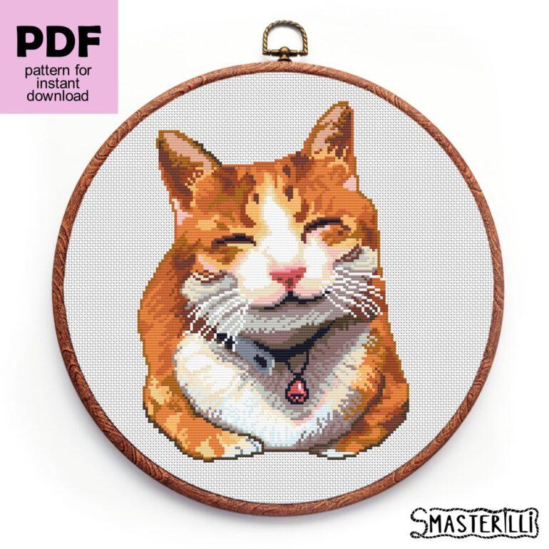 Smiling orange cat cross stitch pattern PDF, cute meme kitten embroidery design by Smasterilli. Digital cross stitch pattern for instant download. Cat Lover's Gift idea for handmade craft #smasterilli #crossstitch #crossstitchpattern #catcrossstitch #orangecat