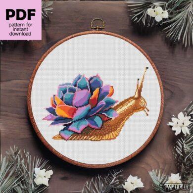 Snail with succulent plant cross stitch pattern for instant download. Digital cross stitch pattern for instant download.