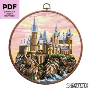 Hogwarts castle cross stitch pattern PDF , palace on sunset embroidery ornament by Smasterilli. Digital cross stitch pattern for instant download. Medieval Castle Pattern. Enchanted Castle Embroidery #smasterilli #crossstitch #crossstitchpattern #castle #midievalcastle #hogwarts