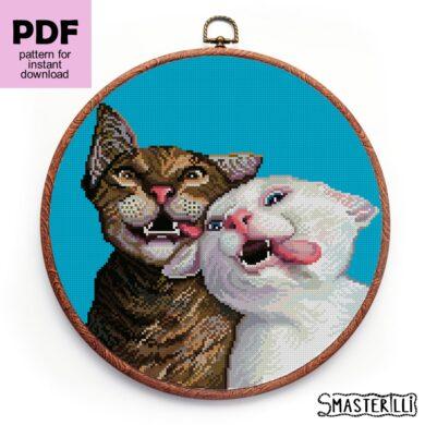 Two smiling cats cross stitch pattern PDF , white cat and tabby cat embroidery ornament by Smasterilli. Digital cross stitch pattern for instant download. Cat Lover's Gift idea for handmade craft #smasterilli #crossstitch #crossstitchpattern #catcrossstitch #smilingcats #tabbycat #whitecat