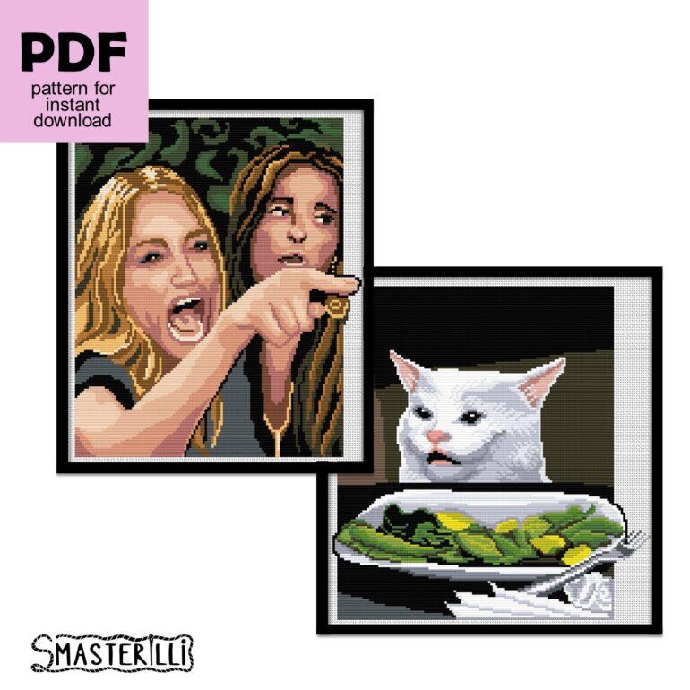 Two women yelling at cat meme cross stitch pattern PDF by Smasterilli. Digital cross stitch pattern for instant download. Cat Lover's Gift idea for handmade craft #smasterilli #crossstitch #crossstitchpattern #catcrossstitch #womenyellingatcat #memecrossstitch