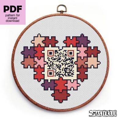 Heart cross stitch pattern with QR code , I love you phrase for Valentine's day gift by Smasterilli. Digital cross stitch pattern for instant download. #smasterilli #crossstitch #crossstitchpattern #lovecrossstitch #valentinedaygift #qrcode #heartcrossstitch
