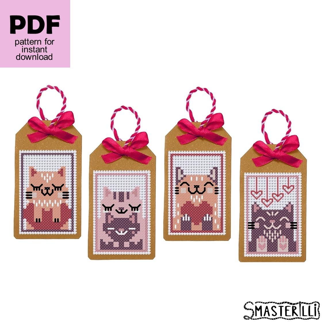 valentine's day gift tags cross stitch pattern PDF , love embroidery ornament by smasterilli. Digital cross stitch pattern for instant download. easy cross stitch for beginners. Cat Lover's Gift idea for handmade craft