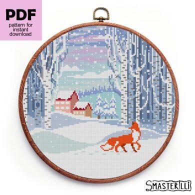 Winter forest landscape cross stitch pattern PDF by Smasterilli, snow morning with trees and fox. Digital cross stitch pattern for instant download. Christmas handmade crafts