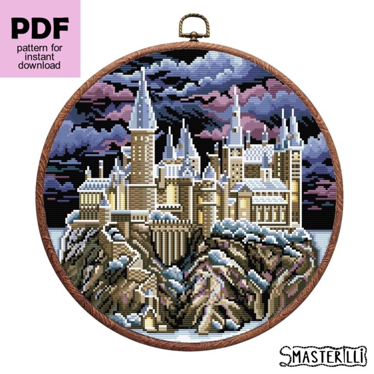 Hogwarts castle cross stitch pattern PDF , palace on sunset embroidery ornament by Smasterilli. Digital cross stitch pattern for instant download. Medieval Castle Pattern. Enchanted Castle Embroidery #smasterilli #crossstitch #crossstitchpattern #castle #midievalcastle #hogwarts