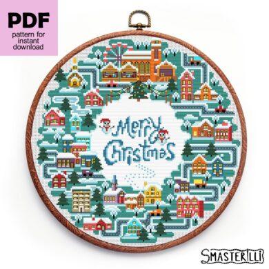 Christmas wreath with snow city cross stitch pattern with Merry Christmas wishes by Smasterilli. Digital cross stitch pattern for instant download. Christmas handmade crafts #smasterilli #crossstitch #crossstitchpattern #wintercrossstitch #christmascrossstitch #christmaswreath