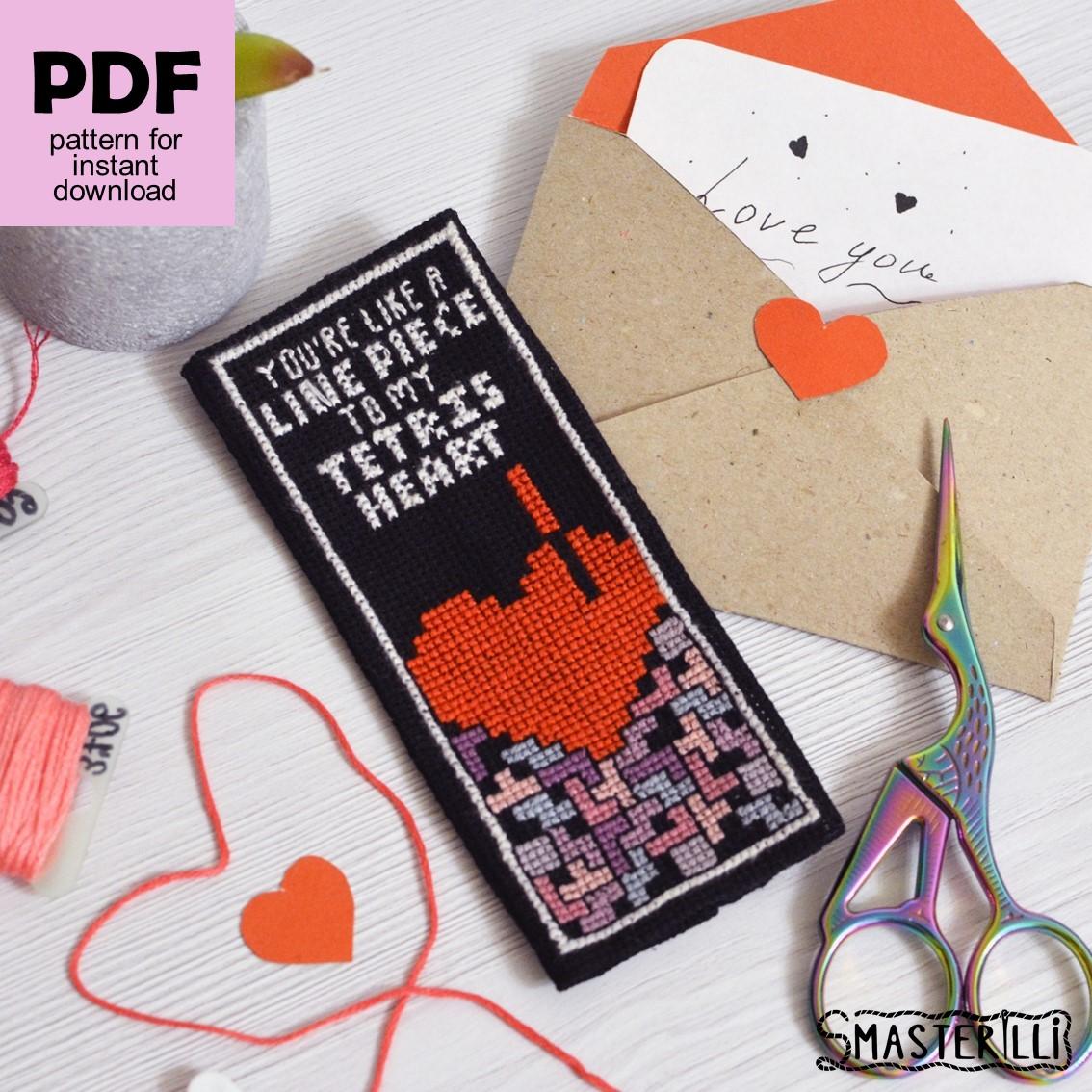Bookmark cross stitch pattern with tetris blocks , heart an love wishes. Perfect and easy idea for Valentine's day gift by Smasterilli. Digital cross stitch pattern for instant download. Book Lover's Craft #smasterilli #crossstitch #crossstitchpattern #lovecrossstitch #valentinedaygift #tetris #easycrossstitch #tinycrossstitch #heartcrossstitch