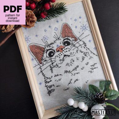 White cat with snowflakes cross stitch pattern PDF by Smasterilli, winter embroidery design. Digital cross stitch pattern for instant download. Cat Lover's Gift idea for handmade craft #smasterilli #whitecat #crosstitch #crossstitchpattern #catcrossstitch #catloversgift #kittycrossstitch #tabbycat #wintercrossstitch #snowflakecrossstitch