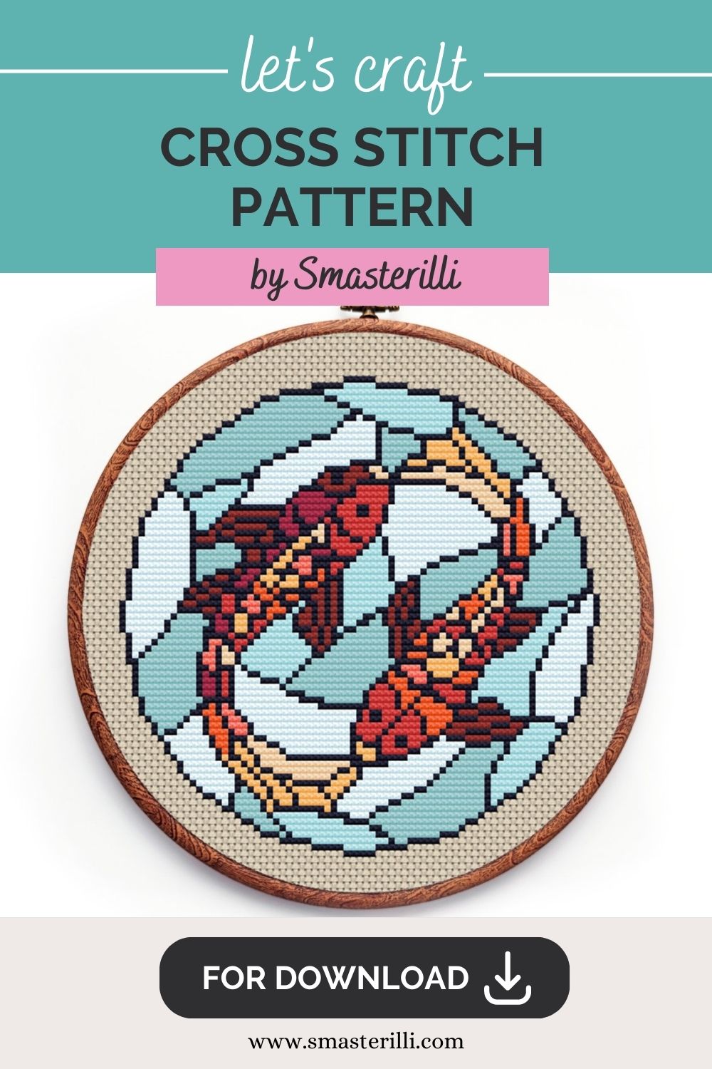 Koi Fishes cross stitch pattern for instant download, Easy Mosaic PDF