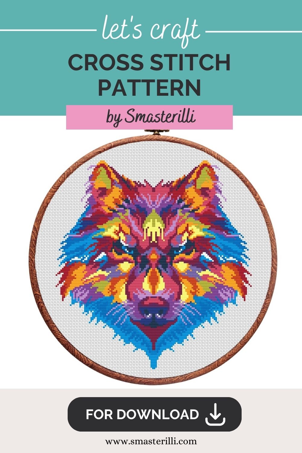 Modern geometric cross stitch pattern with wolf, rainbow embroidery ornament PDF by Smasterilli. Digital cross stitch pattern for instant download. #smasterilli #crossstitch #crossstitchpattern #geometric #lowpolyanimals #wolf