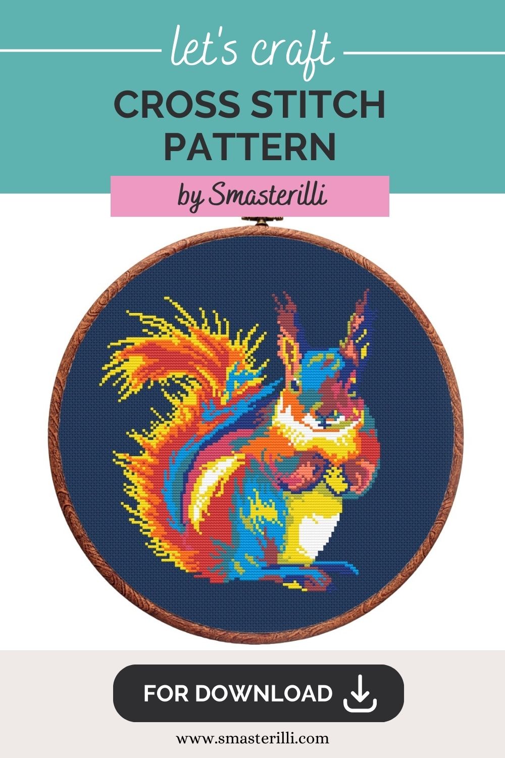 Rainbow animals: colorful squirrel cross stitch pattern PDf by Smasterilli. Digital cross stitch pattern for instant download. #smasterilli #crossstitch #crossstitchpattern #rainbowanimals #squirrel #popart