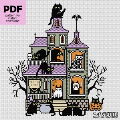 Spooky Haunted House Cross Stitch Pattern with 13 Black Cats - Instant Download DIY Halloween Decor