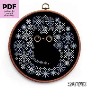Winter cat and snowflakes: cross stitch christmas ornament for black canvas, small and easy modern cross stitch pattern for beginners