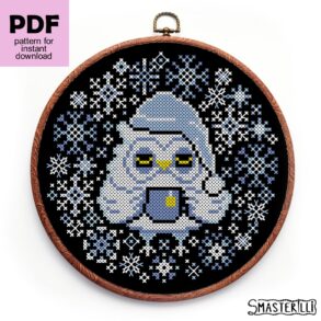 Christmas owl and snowflakes cross stitch pattern PDF, easy winter embroidery ornament