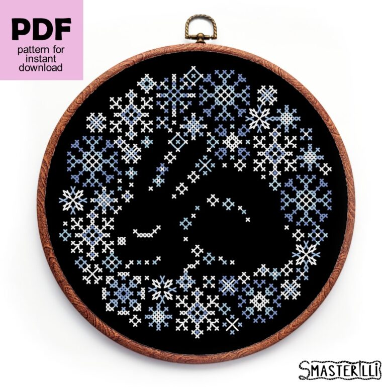 Winter bunny and snowflakes: cross stitch christmas ornament for black canvas, small and easy modern cross stitch pattern for beginners