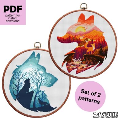 Animals silhouette cross stitch pattern PDF, wolf and fox cross stitch ornament, set of 2 patterns #0131